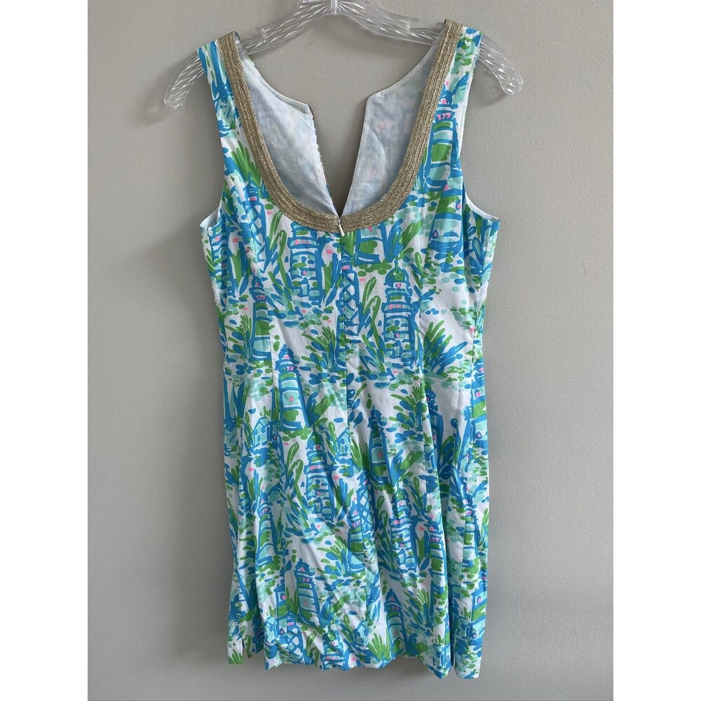 Lilly Pulitzer Janice Shift Dress Womens 2 Blue Lighthouse Gold Trim Sleeveless - Picture 6 of 9